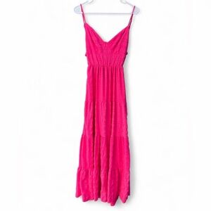 Hot Pink Tiered Maxi Dress Tie-Back Cutout Spaghetti Strap Summer Dress